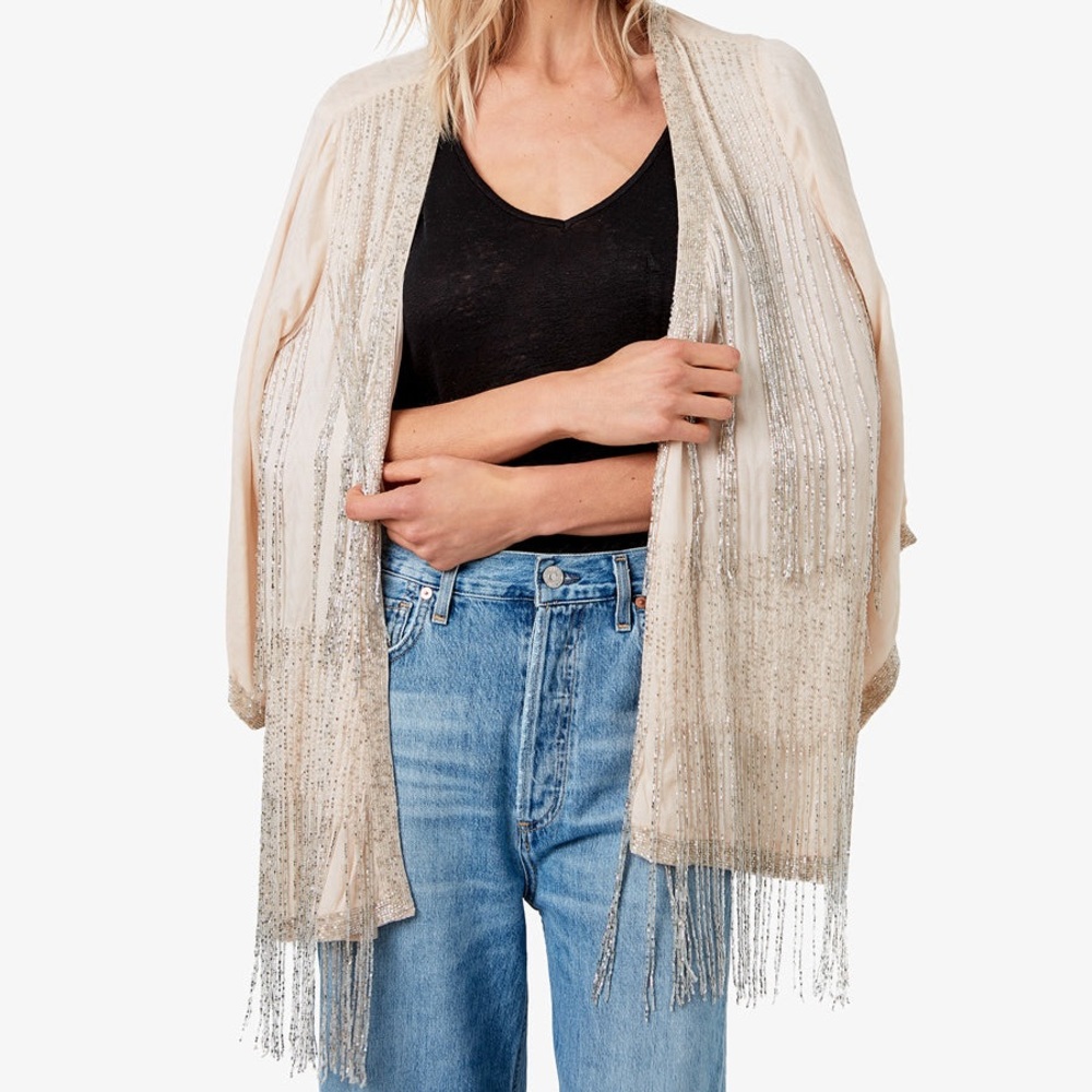 NWT AS by DF “Sail Away” blush cream beaded fringe kimono sz XS